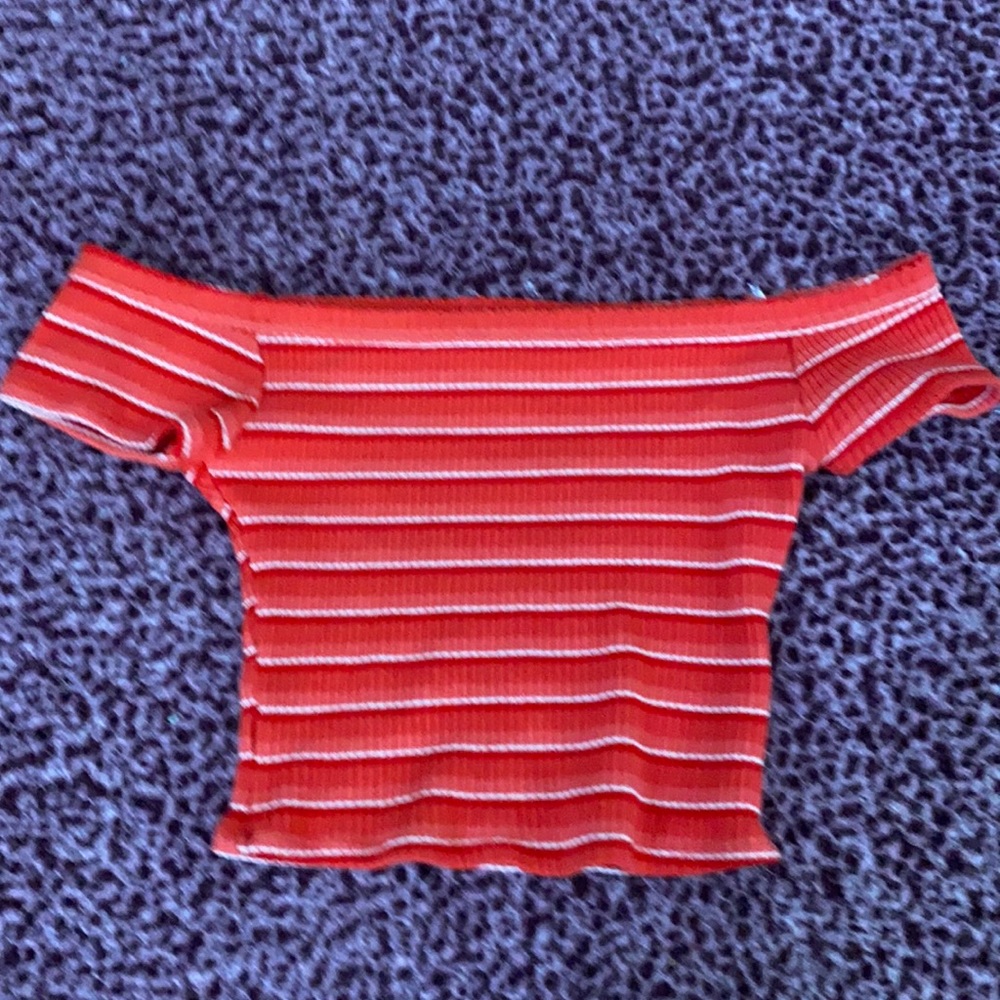 off shoulder red/white striped crop top